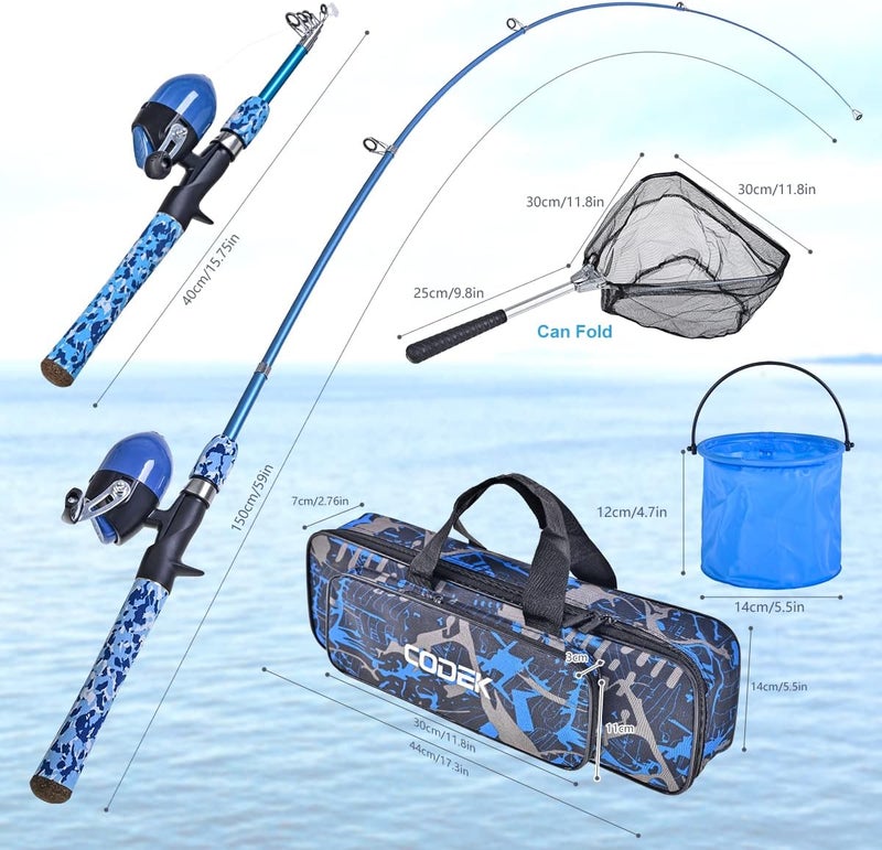 CODEK Kids Fishing Pole Set with Full Starter Kits 2 Set Portable Telescopic Fishing Rod and Spincast Reel Cambos with a Fishing Net and 2 Buckets for Boys Girls and Youth - Image 4